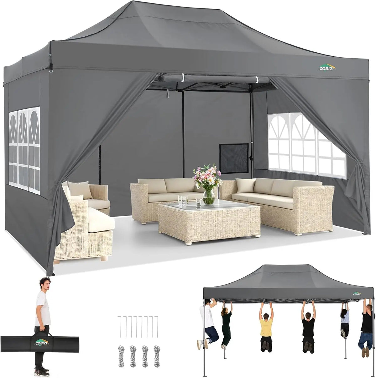COBIZI Heavy Duty Pop Up Canopy Tent With Four Sidewalls
