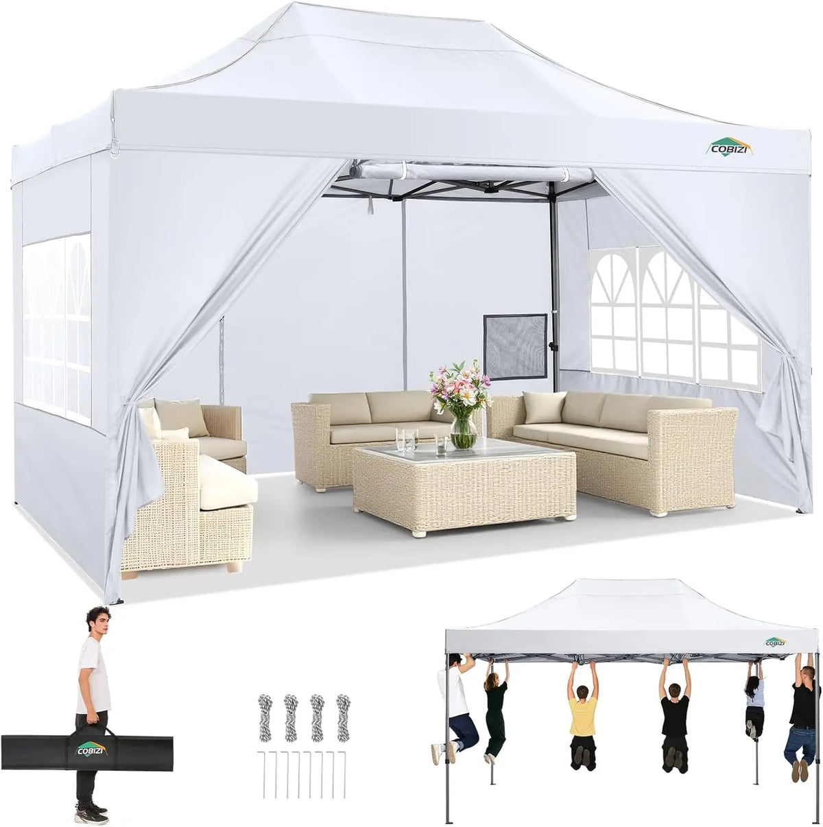 COBIZI Heavy Duty Pop Up Canopy Tent With Four Sidewalls