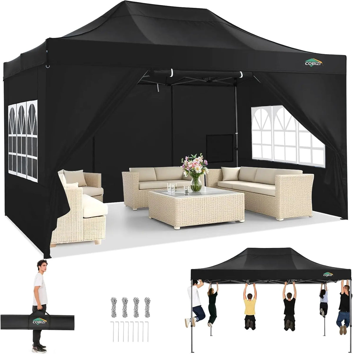 COBIZI Heavy Duty Pop Up Canopy Tent With Four Sidewalls