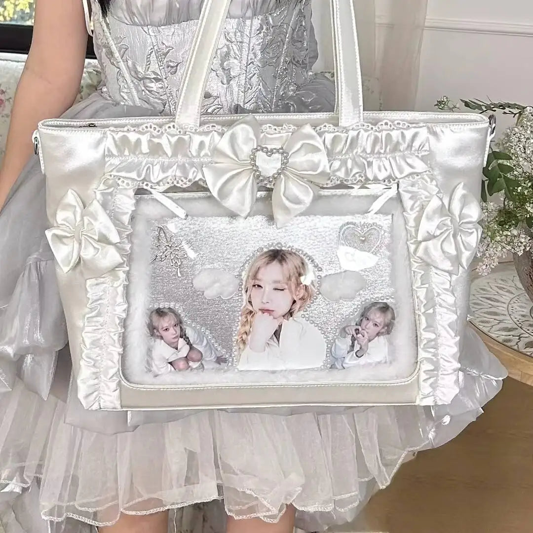 Cute Lolita Ita Transparent Shoulder Tote Bag With Bow Detail