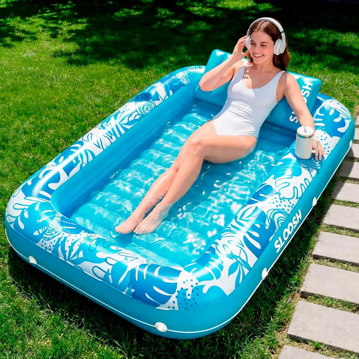 JOYFY 4 in 1 Suntan Tub Raft Floatie Inflatable Tanning Pool 70" x 46" Pool Floats Adult with Pillow for Water Party Gifts
