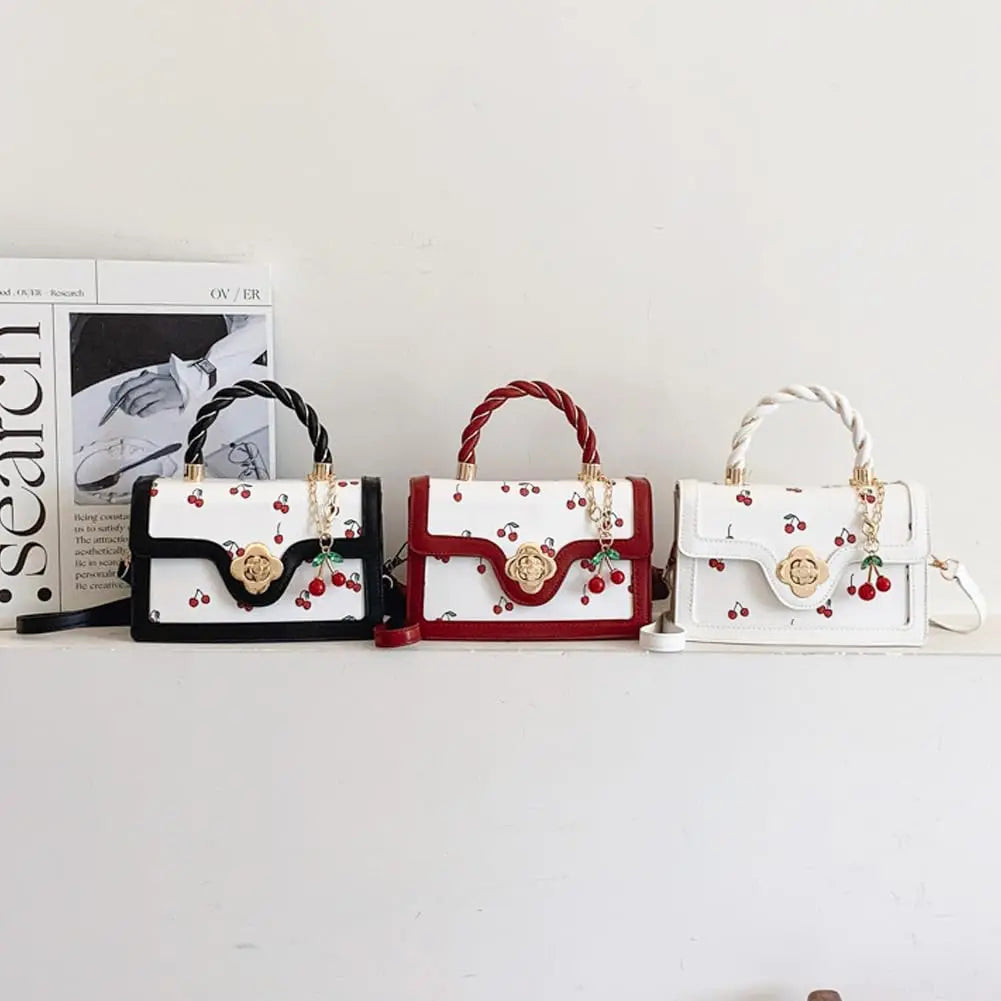 Womens Cherry Print Handbag With Twist Handle And Removable Strap