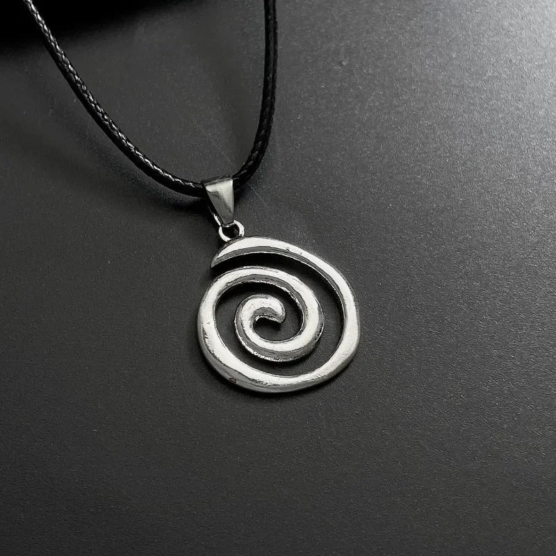 Vintage Spiral Vortex Pendant Necklace With Woven Leather Rope