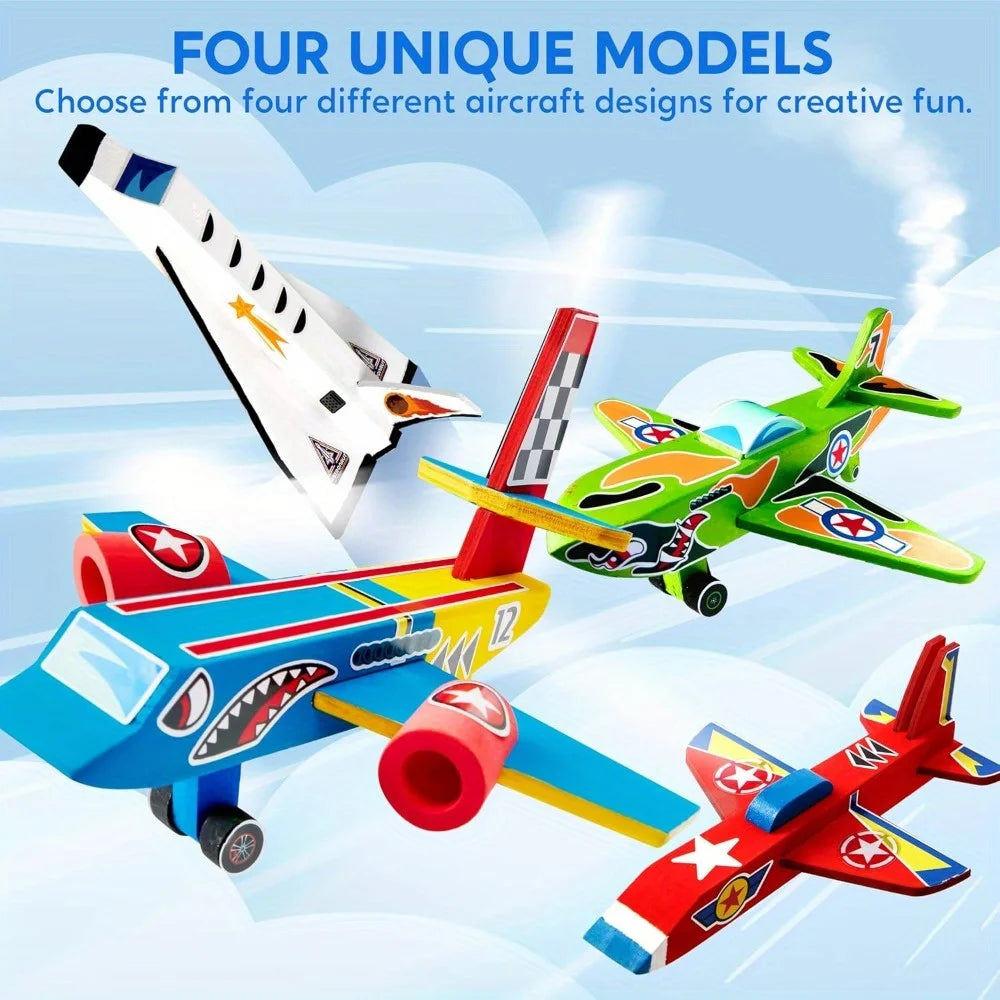 JOYFY 4Pcs DIY Wooden Aircrafts-Build & Paint Your Own Wooden Airplane Craft Kit Easy to Assemble for Boys 6-12 Birthday Gifts