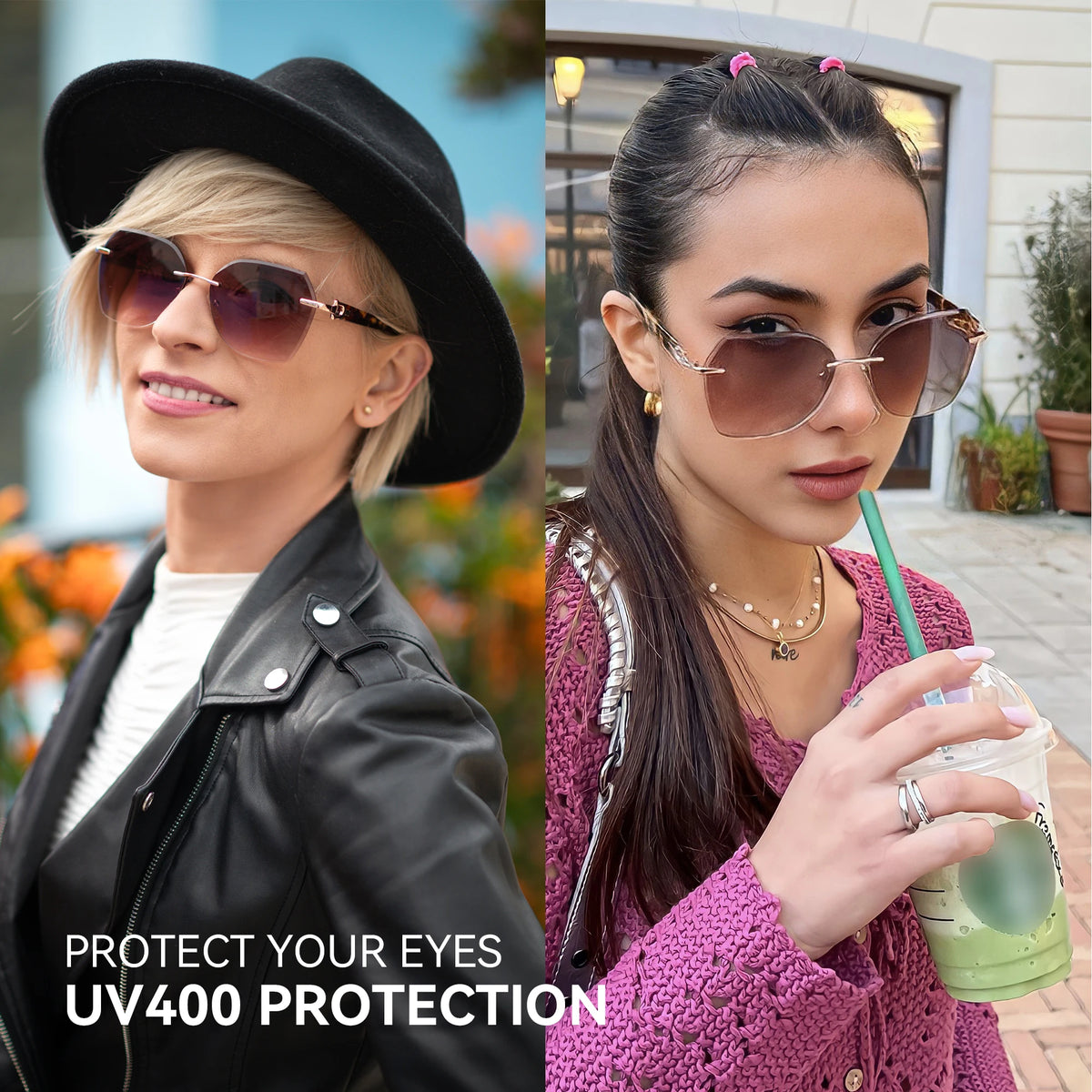 ZENOTTIC Oversized Rimless UV Protection Sunglasses for Women Geometric Diamond Cutting Gradient Lens Fashion Shades Trendy