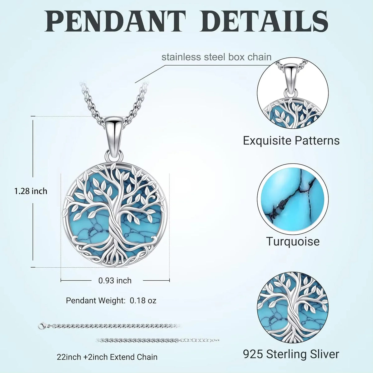 DRINSPER Sterling Silver Tree Of Life Turquoise Pendant Necklace