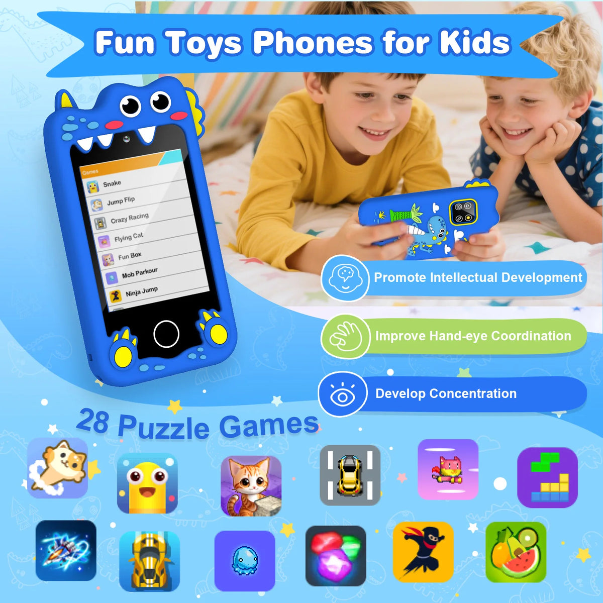 M SANMERSEN Dinosaur Kids Smart Phone for 3-6 Year Olds โ 2.8" Touchscreen, Dual Camera, 28 Learning Games, MP3 Music Player, 32GB SD Card โ Educational Toddler Phone Toy for Boys & Girls