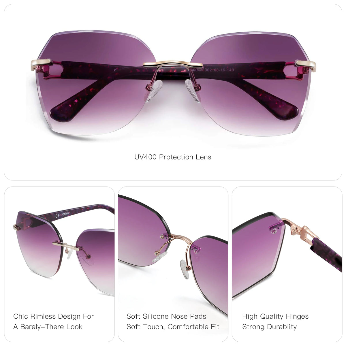 ZENOTTIC Oversized Rimless UV Protection Sunglasses for Women Geometric Diamond Cutting Gradient Lens Fashion Shades Trendy
