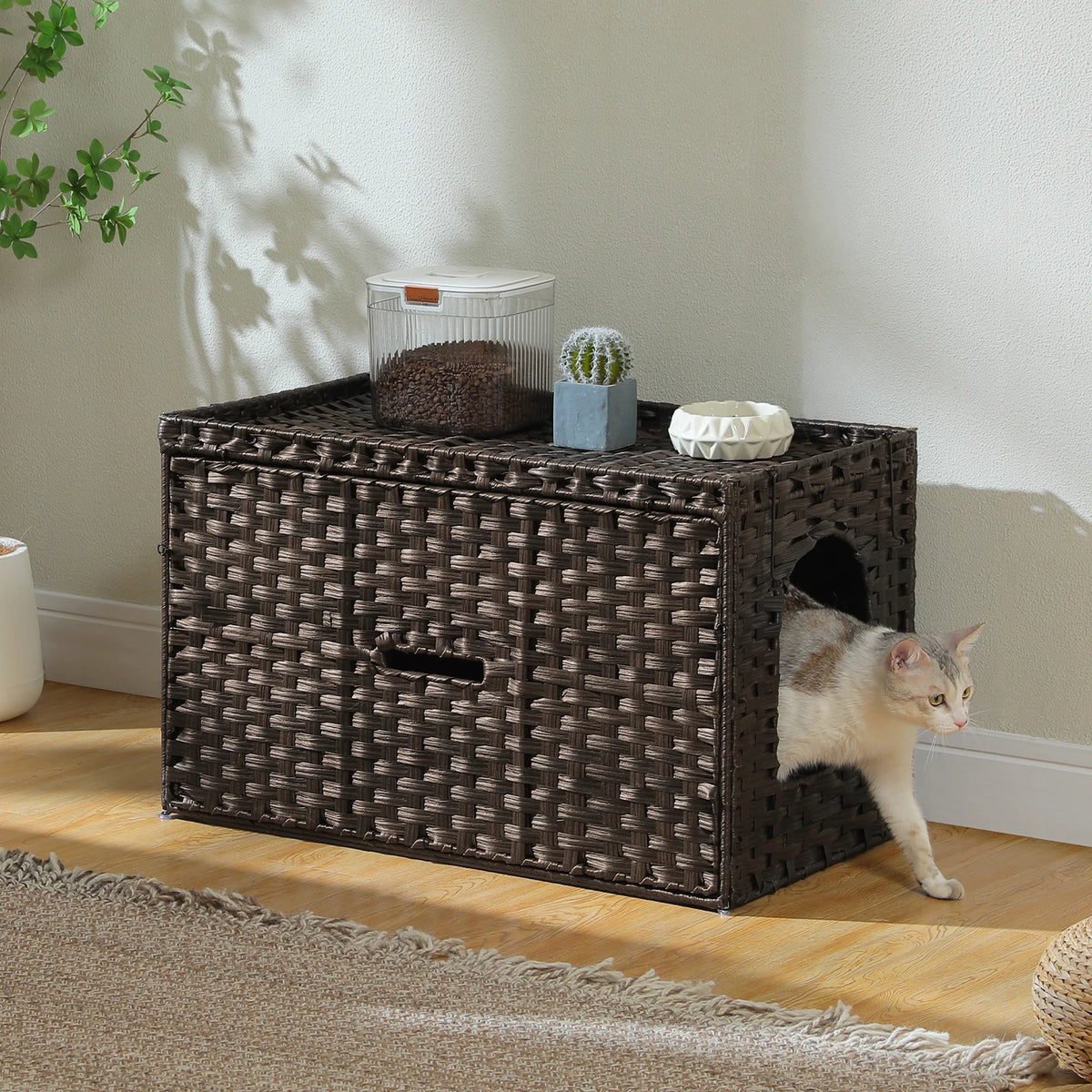 Rattan Cat Litter Box Enclosure with Taller Doorway and Flip-Up Design-More Space Raised Edge Mat-Cat House Cabinet Furniture