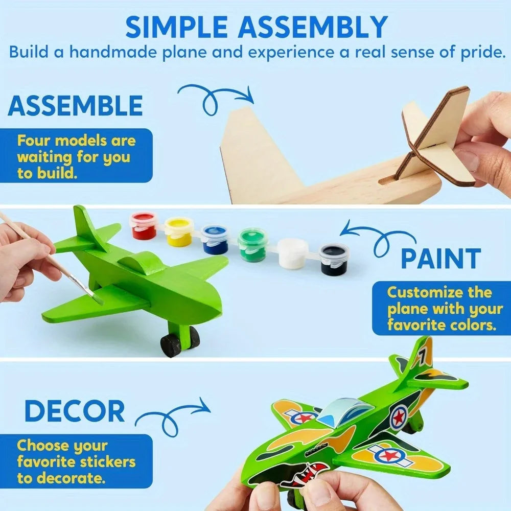 JOYFY 4Pcs DIY Wooden Aircrafts-Build & Paint Your Own Wooden Airplane Craft Kit Easy to Assemble for Boys 6-12 Birthday Gifts