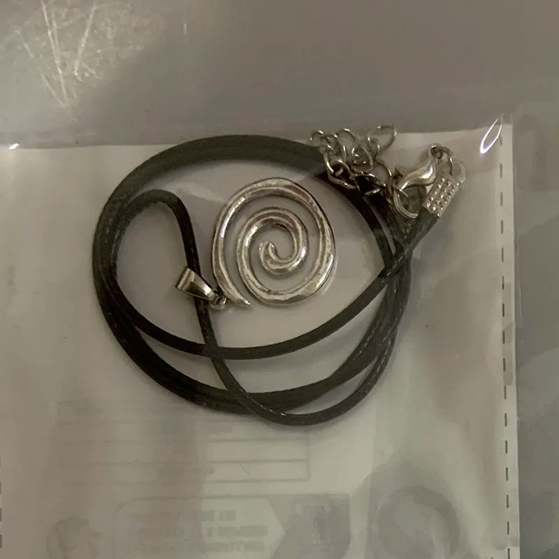 Vintage Spiral Vortex Pendant Necklace With Woven Leather Rope