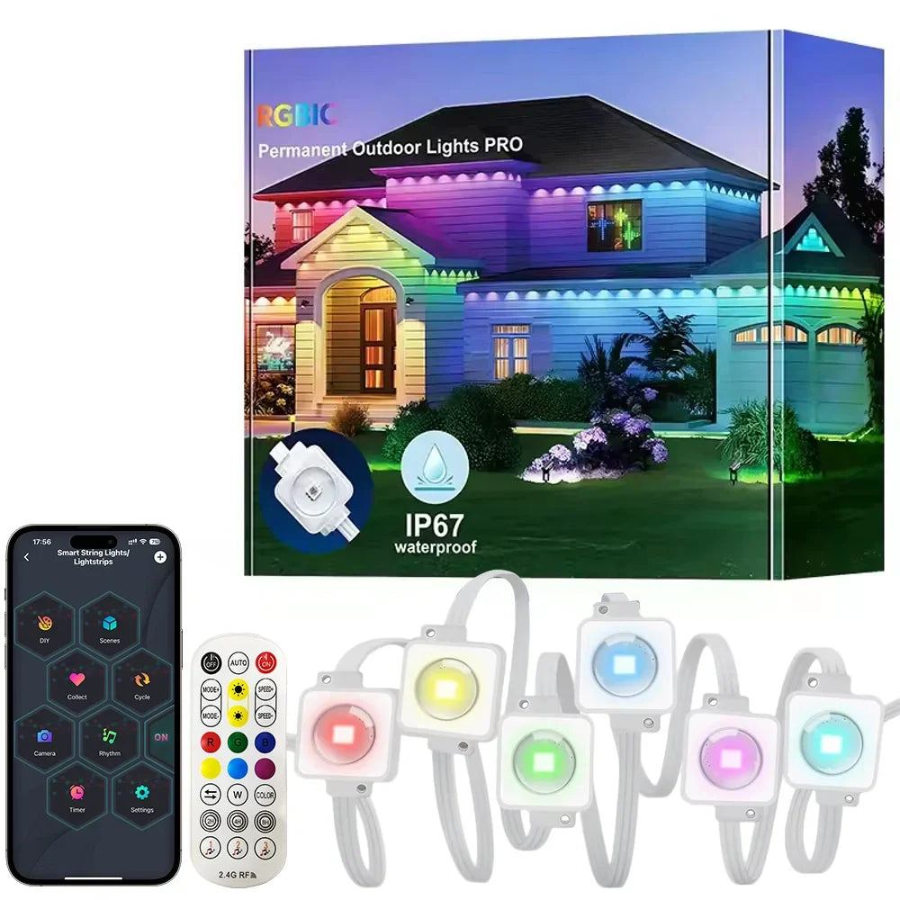 Smart Permanent Outdoor Lights Eaves Lights IP67 Waterproof Light String with App Remote Control Music Sync for House Roof Decor