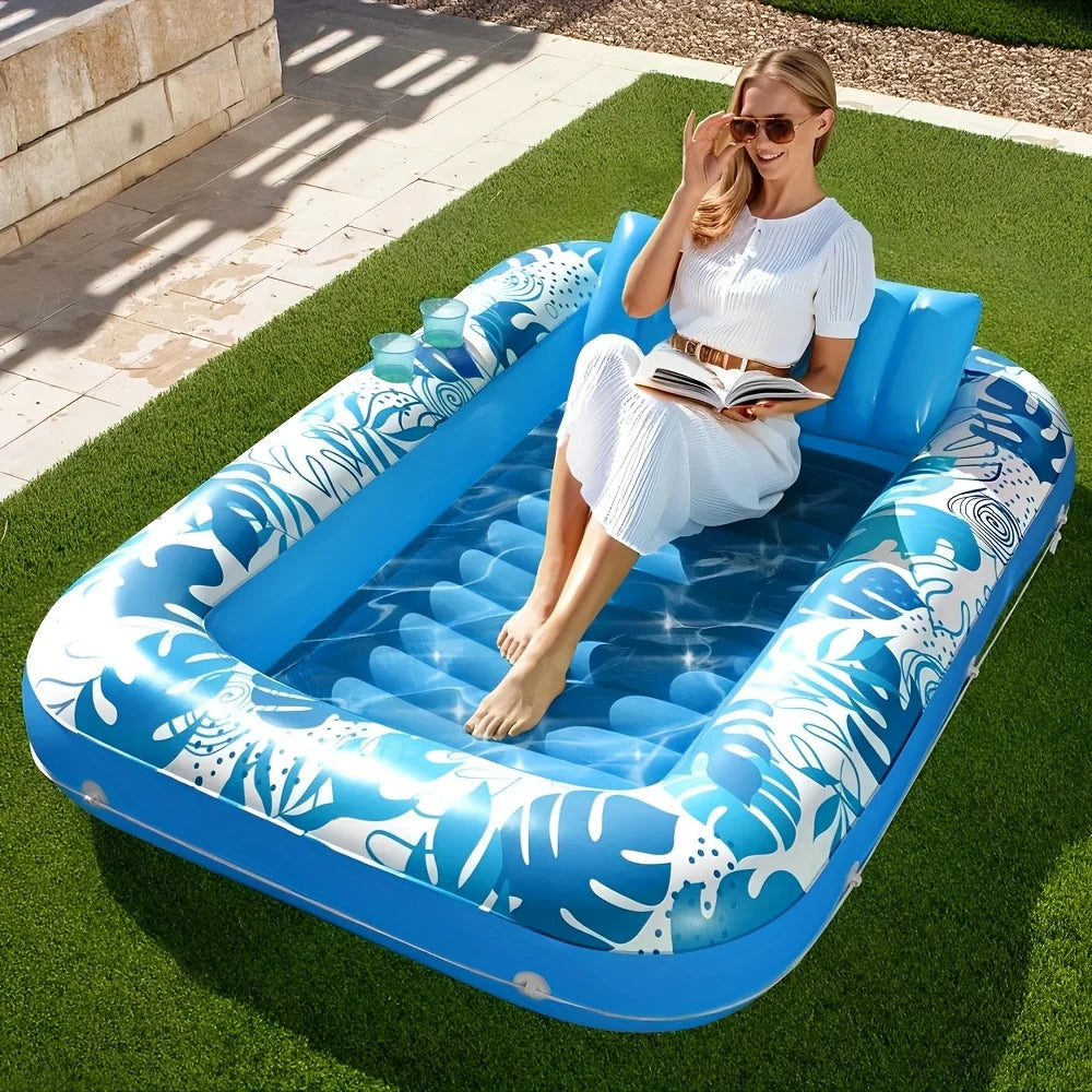 JOYFY 4 in 1 Suntan Tub Raft Floatie Inflatable Tanning Pool 70" x 46" Pool Floats Adult with Pillow for Water Party Gifts