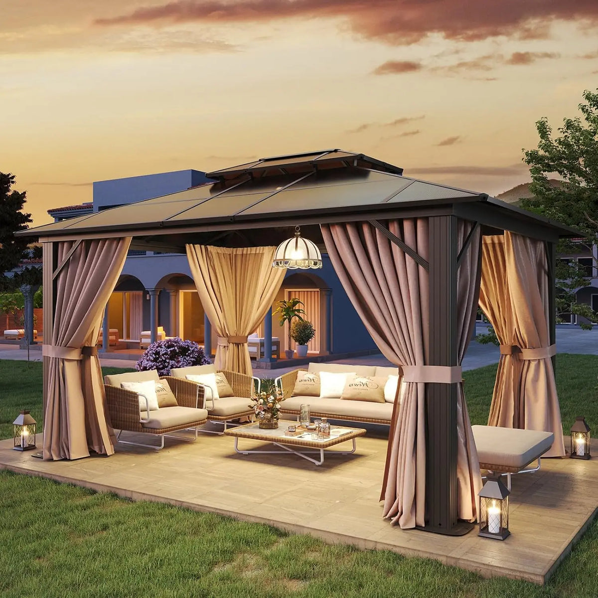 Aluminum Hardtop Gazebo With Curtains Netting And Polycarbonate Roof