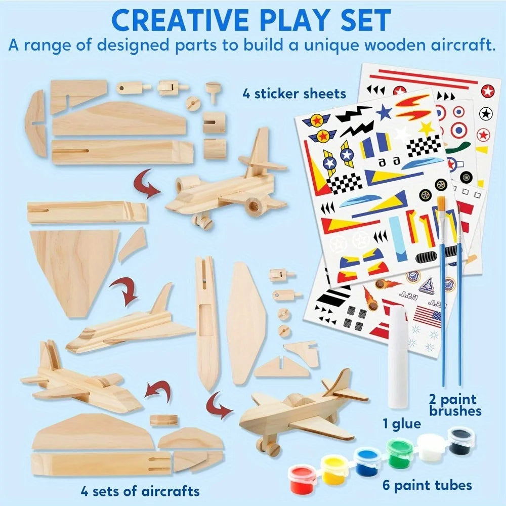JOYFY 4Pcs DIY Wooden Aircrafts-Build & Paint Your Own Wooden Airplane Craft Kit Easy to Assemble for Boys 6-12 Birthday Gifts