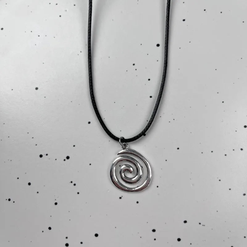 Vintage Spiral Vortex Pendant Necklace With Woven Leather Rope