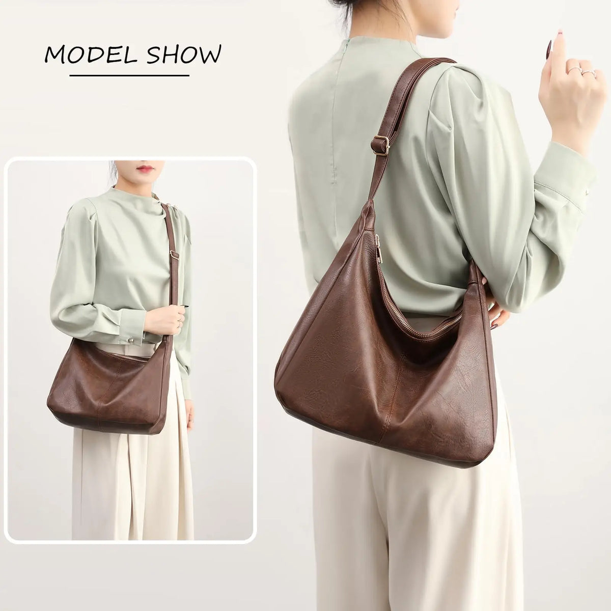 Soft Vegan Leather Hobo Shoulder Bag for Women with Zipper