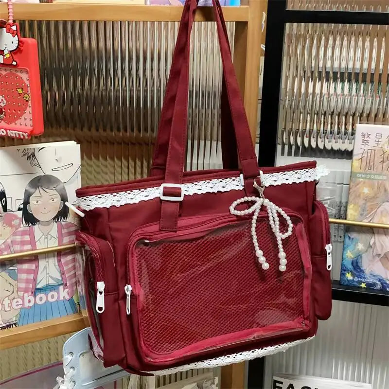 Cute Lolita Ita Transparent Shoulder Tote Bag With Bow Detail
