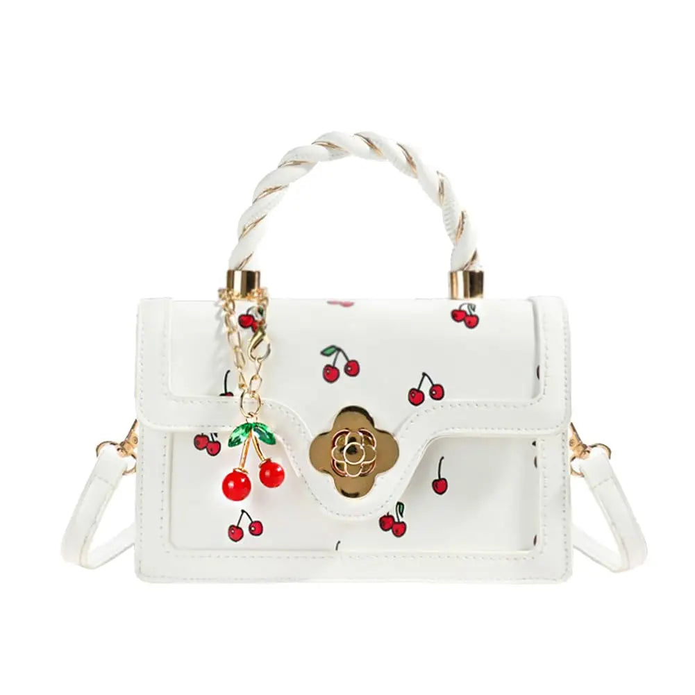 Womens Cherry Print Handbag With Twist Handle And Removable Strap