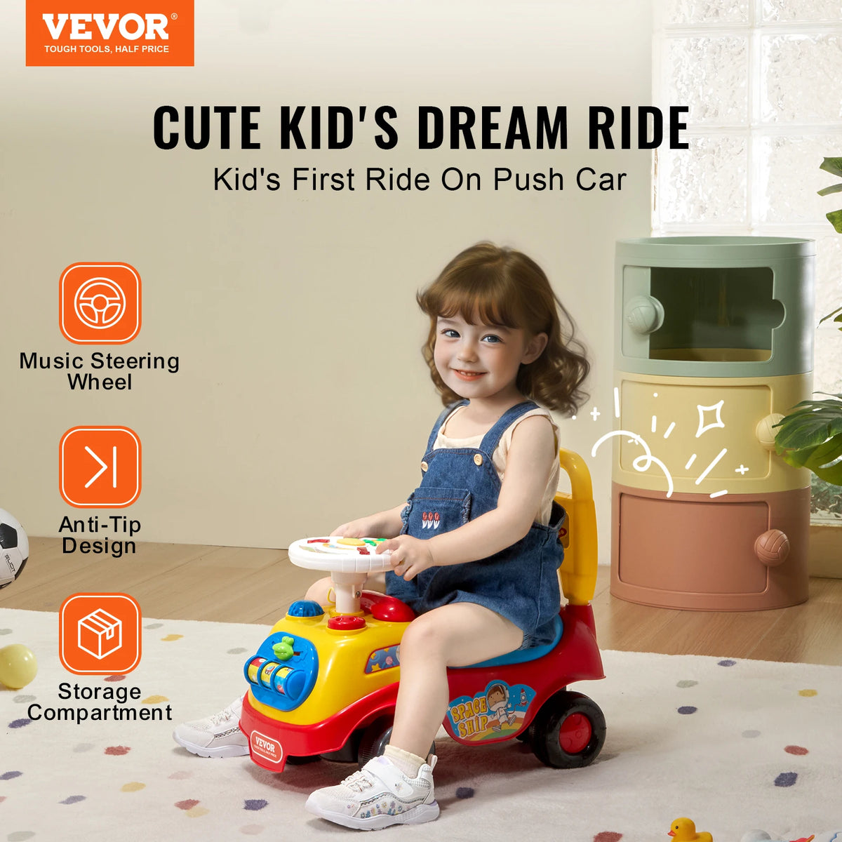 SucceBuy Toddler Ride On Push Car With Music And Storage