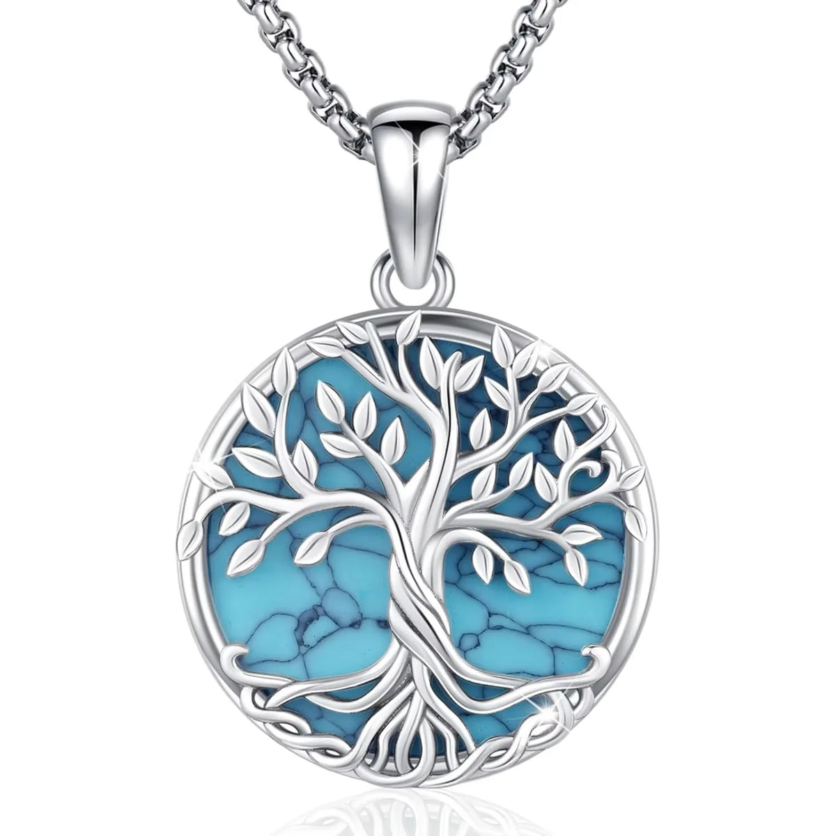 DRINSPER Sterling Silver Tree Of Life Turquoise Pendant Necklace