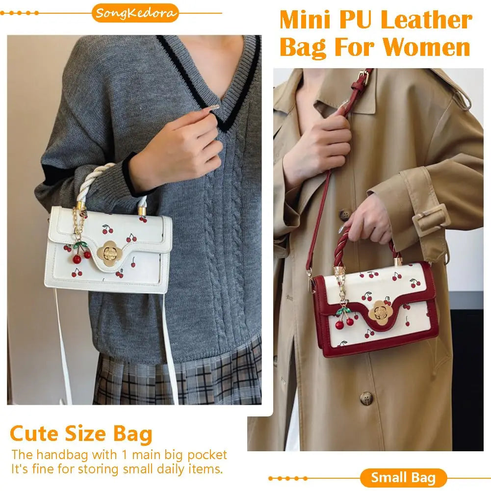 Womens Cherry Print Handbag With Twist Handle And Removable Strap