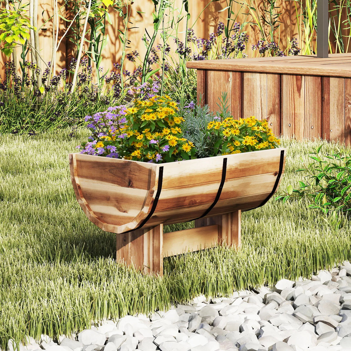 Outdoor Acacia Wood Half Barrel Planter Box With Legs