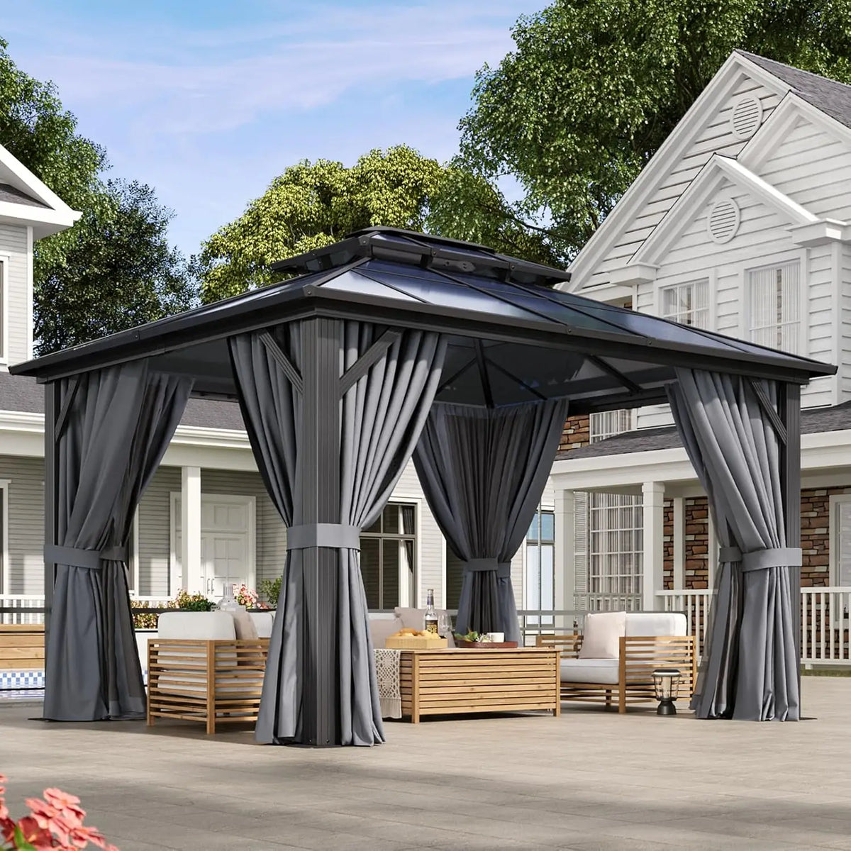 Aluminum Hardtop Gazebo With Curtains Netting And Polycarbonate Roof