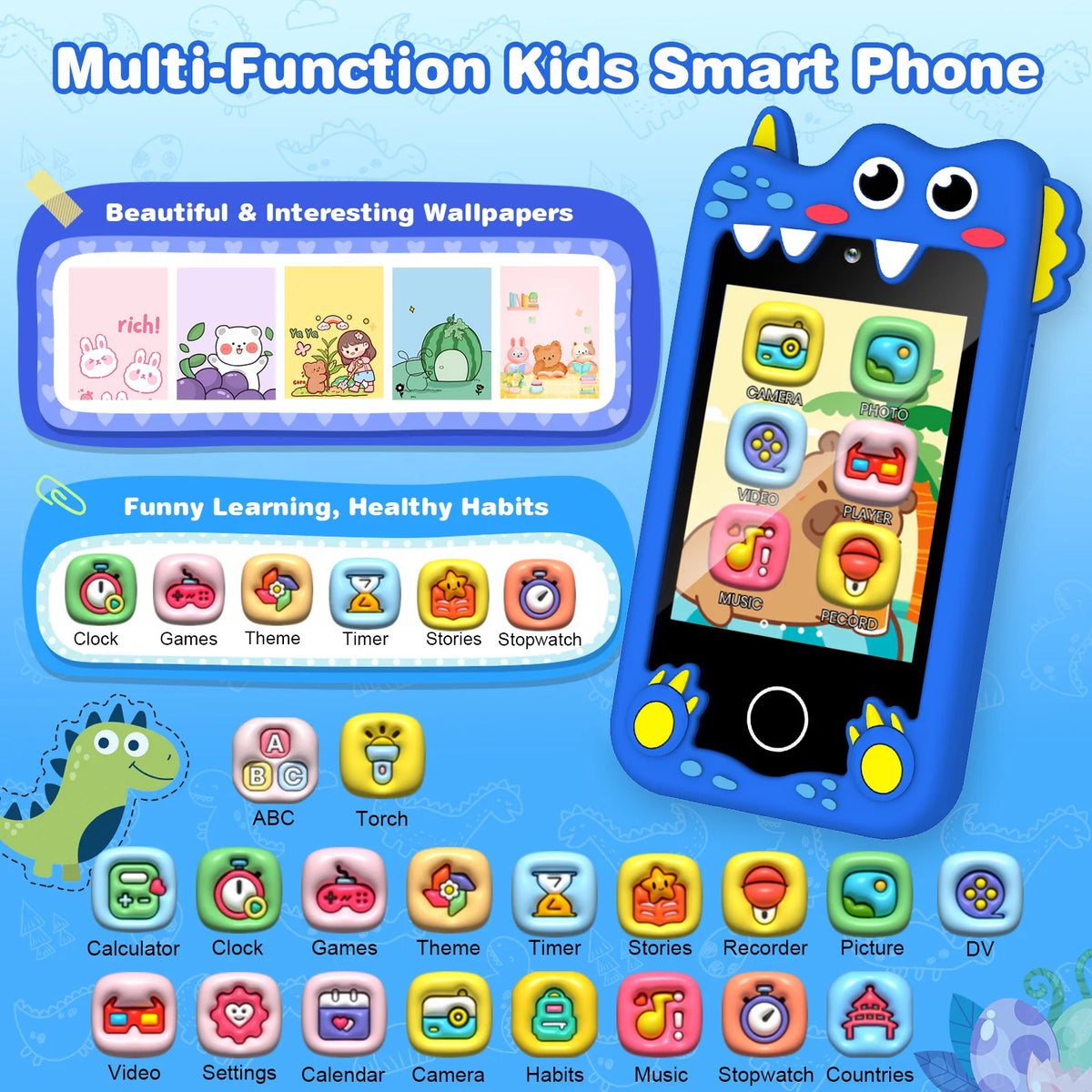 M SANMERSEN Dinosaur Kids Smart Phone for 3-6 Year Olds โ 2.8" Touchscreen, Dual Camera, 28 Learning Games, MP3 Music Player, 32GB SD Card โ Educational Toddler Phone Toy for Boys & Girls