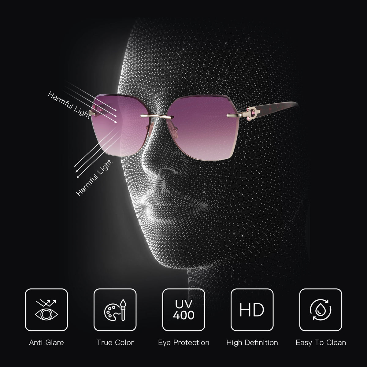 ZENOTTIC Oversized Rimless UV Protection Sunglasses for Women Geometric Diamond Cutting Gradient Lens Fashion Shades Trendy
