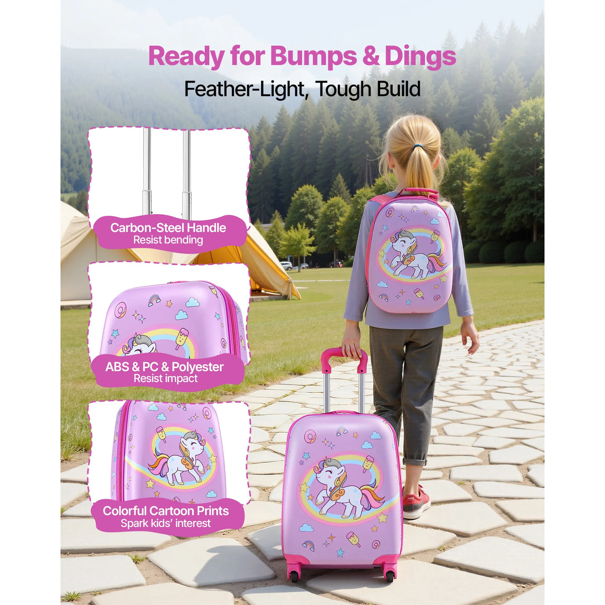 SucceBuy Kids Hardside Luggage Set With Backpack And Rolling Wheels
