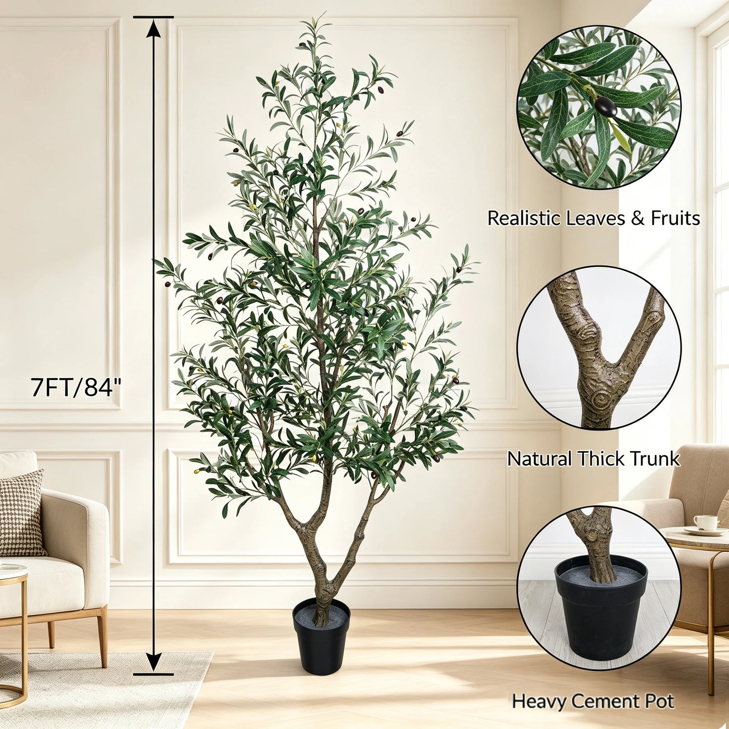 1.5/1.8/2.1m Artificial Olive Tree PE Real Touch Faux Olive Tree with Black Pot Outdoor Indoor Artificial Plants with Natural Wood Trunk and Lifelike Fruits for Home Office Decor