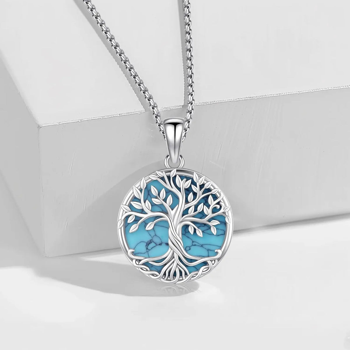 DRINSPER Sterling Silver Tree Of Life Turquoise Pendant Necklace