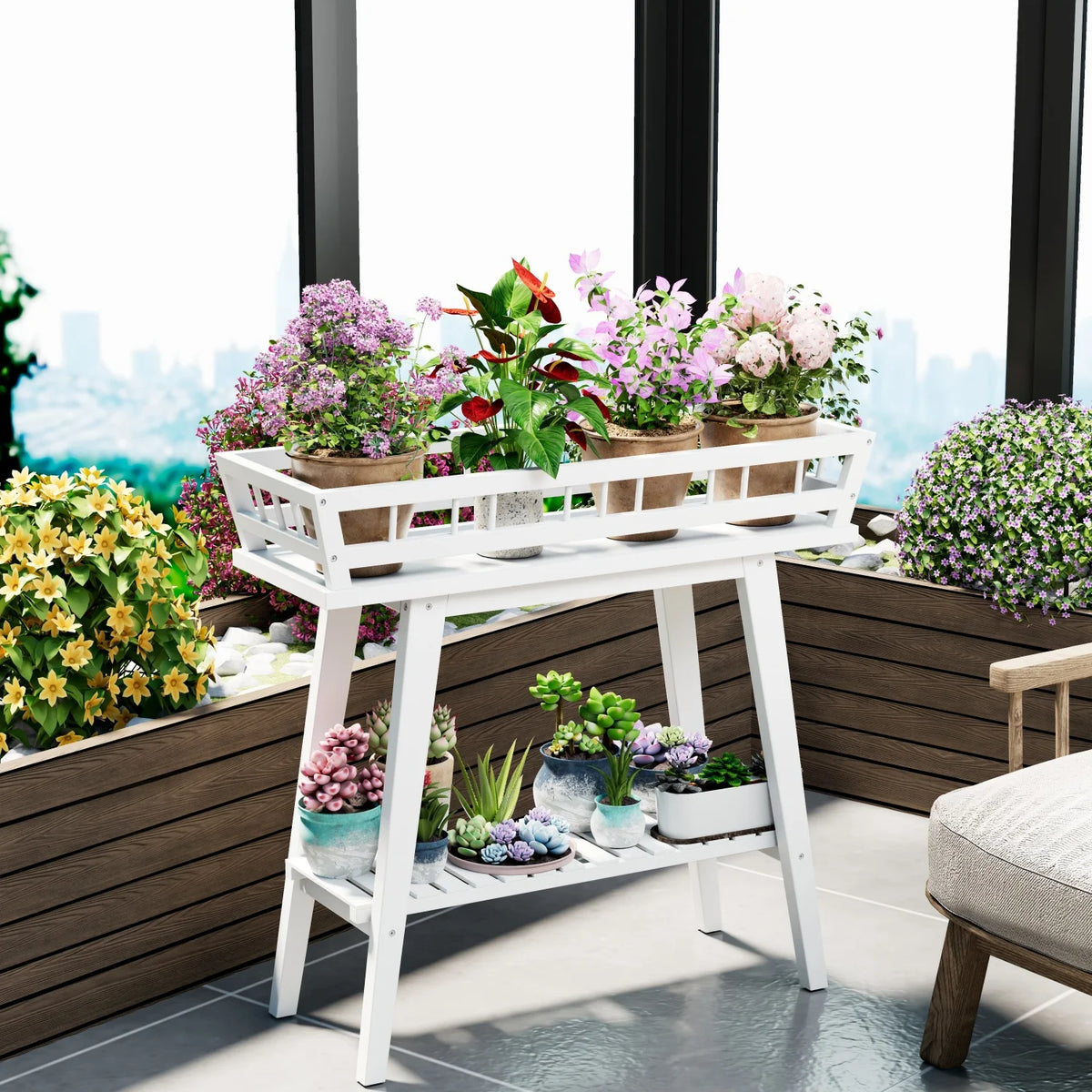 Bamboo Two Tier Plant Stand Shelf and Flower Pot Holder