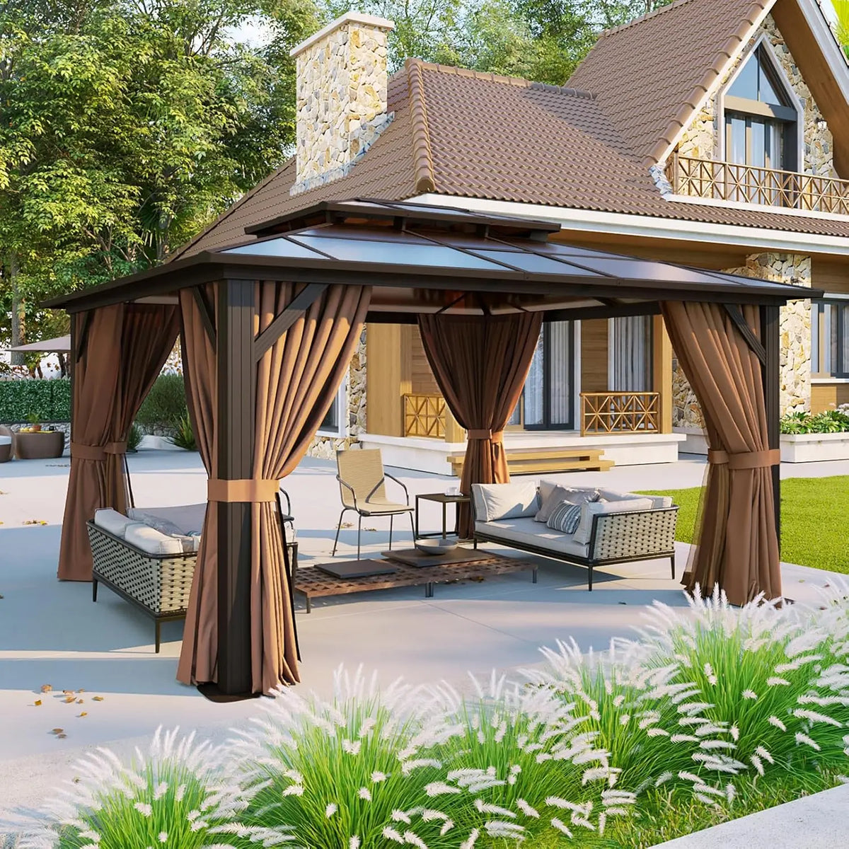 Aluminum Hardtop Gazebo With Curtains Netting And Polycarbonate Roof