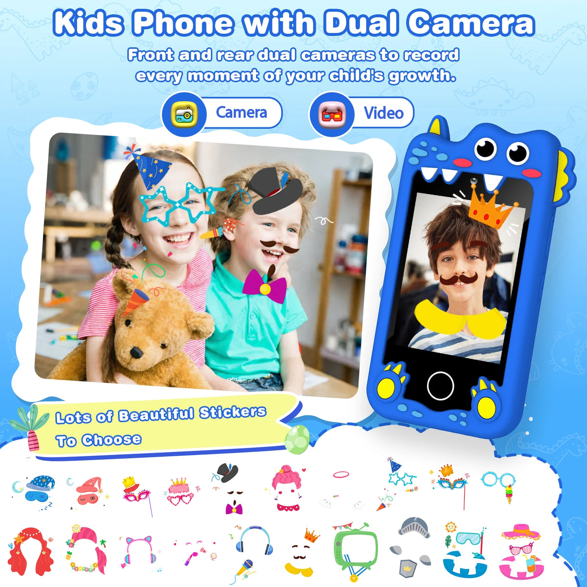 M SANMERSEN Dinosaur Kids Smart Phone for 3-6 Year Olds โ 2.8" Touchscreen, Dual Camera, 28 Learning Games, MP3 Music Player, 32GB SD Card โ Educational Toddler Phone Toy for Boys & Girls