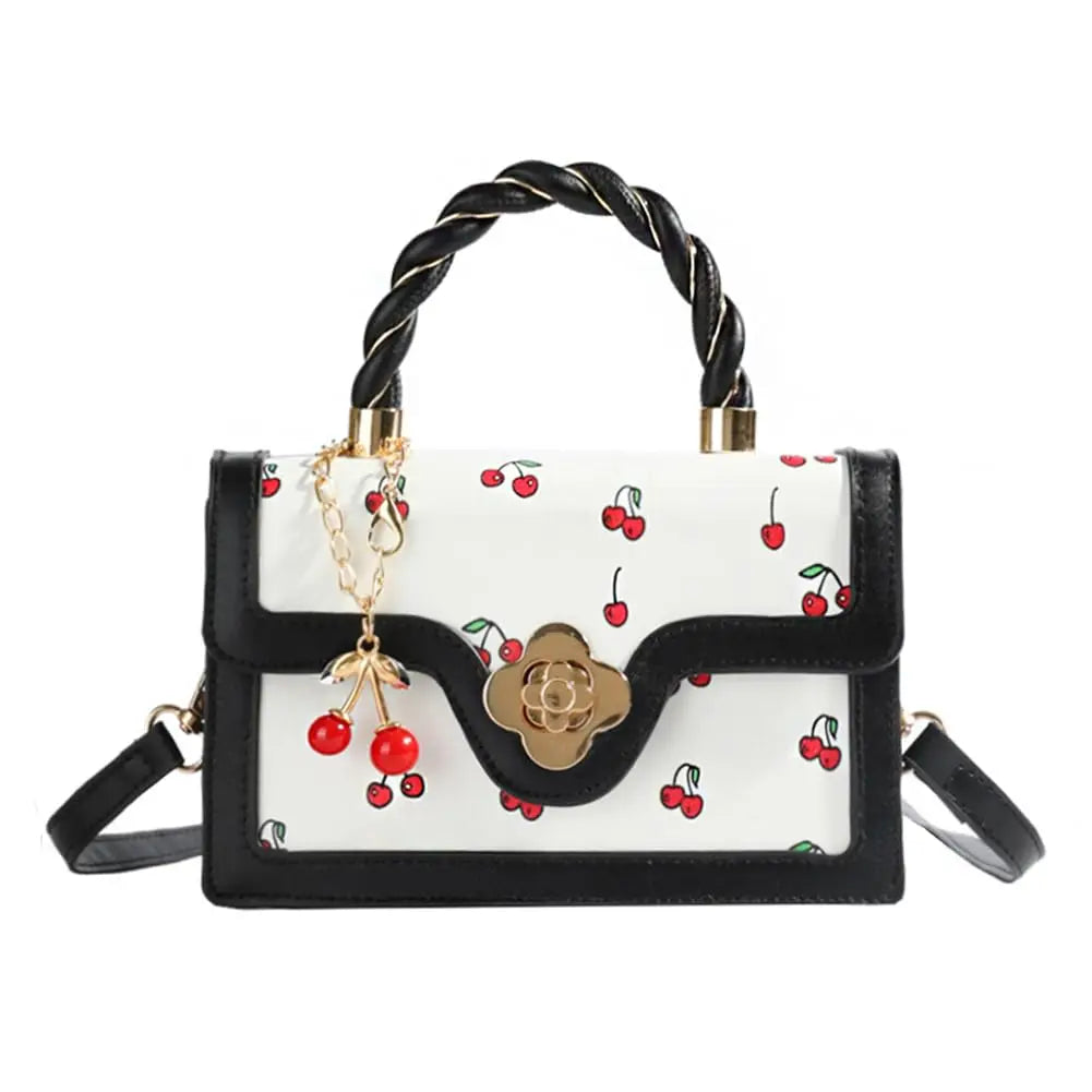 Womens Cherry Print Handbag With Twist Handle And Removable Strap