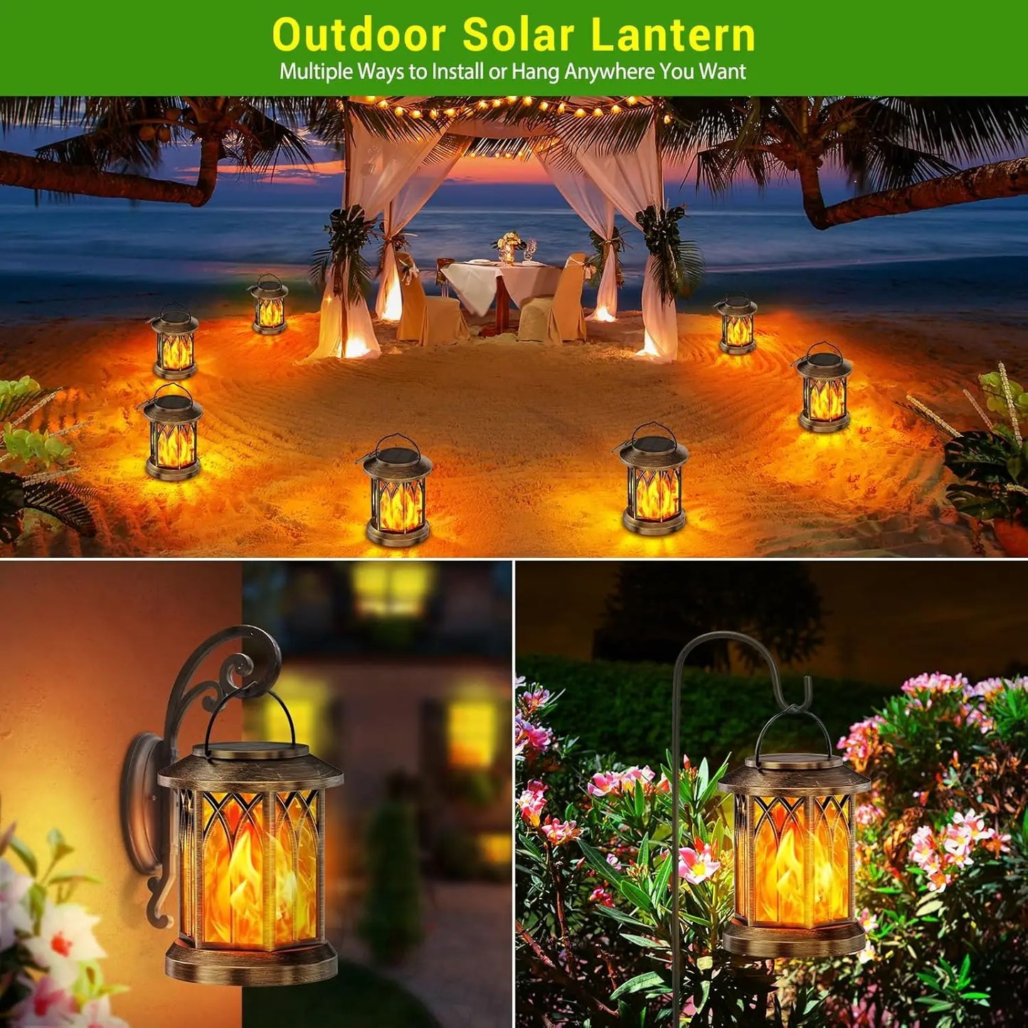 Waterproof Flickering Flame Solar Lantern Outdoor Auto On Off