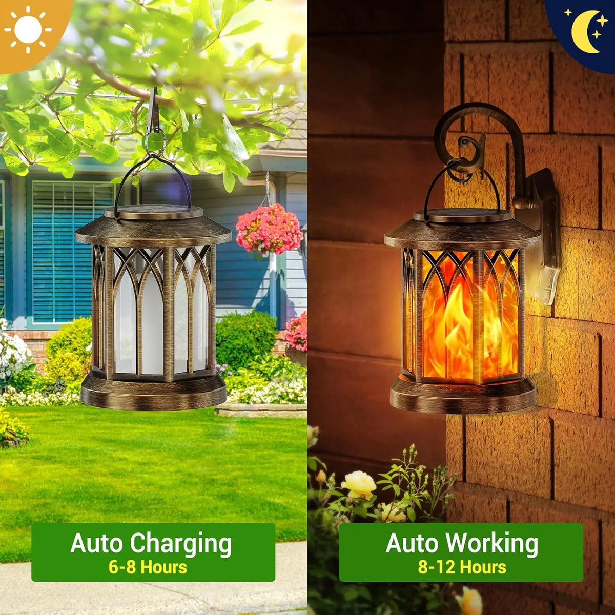 Waterproof Flickering Flame Solar Lantern Outdoor Auto On Off