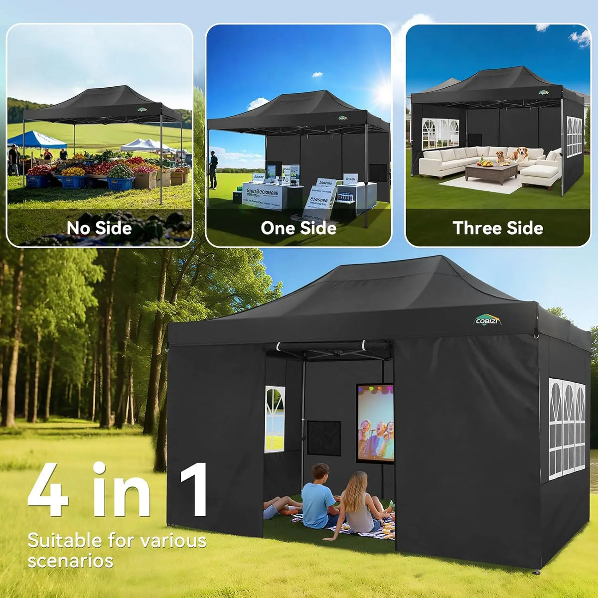 COBIZI Heavy Duty Pop Up Canopy Tent With Four Sidewalls