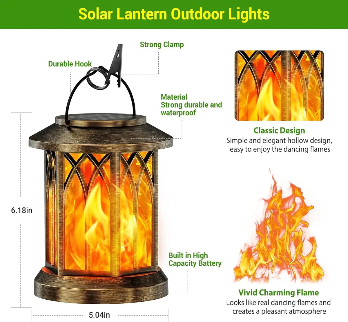 Waterproof Flickering Flame Solar Lantern Outdoor Auto On Off