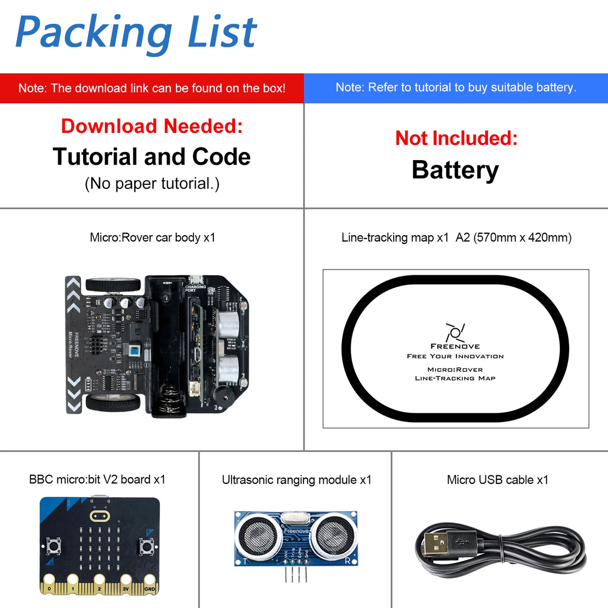 Freenove Micro:Rover Kit for BBC micro:bit V2, Obstacle Avoidance, Light-tracing, Line-tracking, Remote Control, Blocks Python