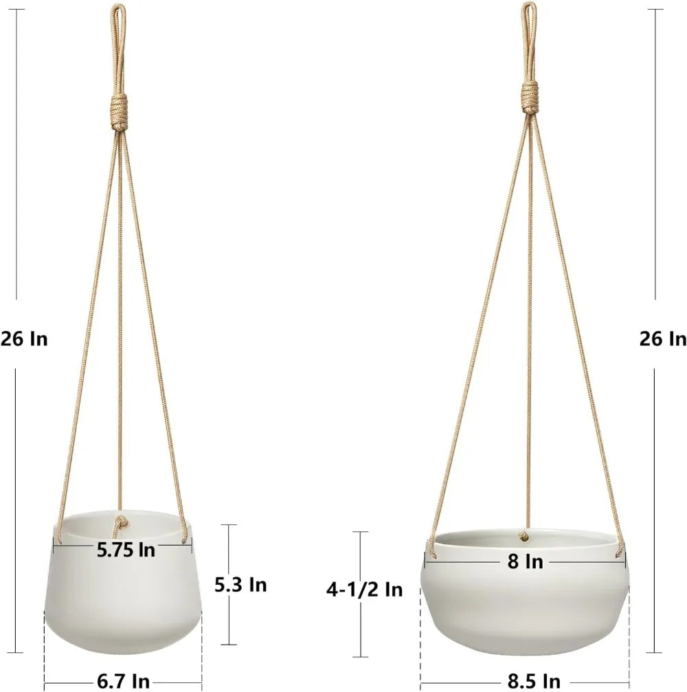 Ceramic Hanging Planters for Indoor Plants, 8" Shallow & 6" Deep 2Pcs | Modern Minimalist Plant Pots, Geometric Porcelain, Hanging Basket with Rope Hanger Drainage Holes