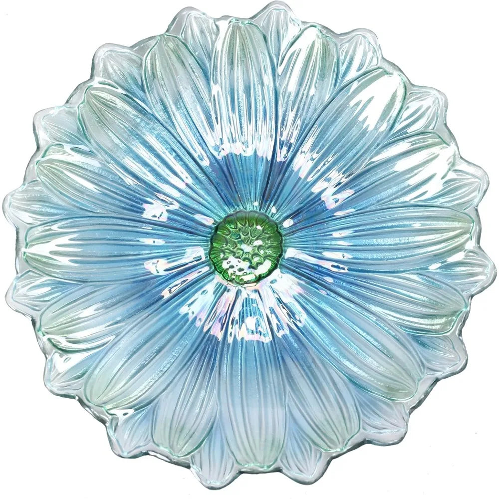 Outdoor Glass Birdbath with Metal Stand for Outside Yard Garden Decor, 18 inch Diameter Blue Bird