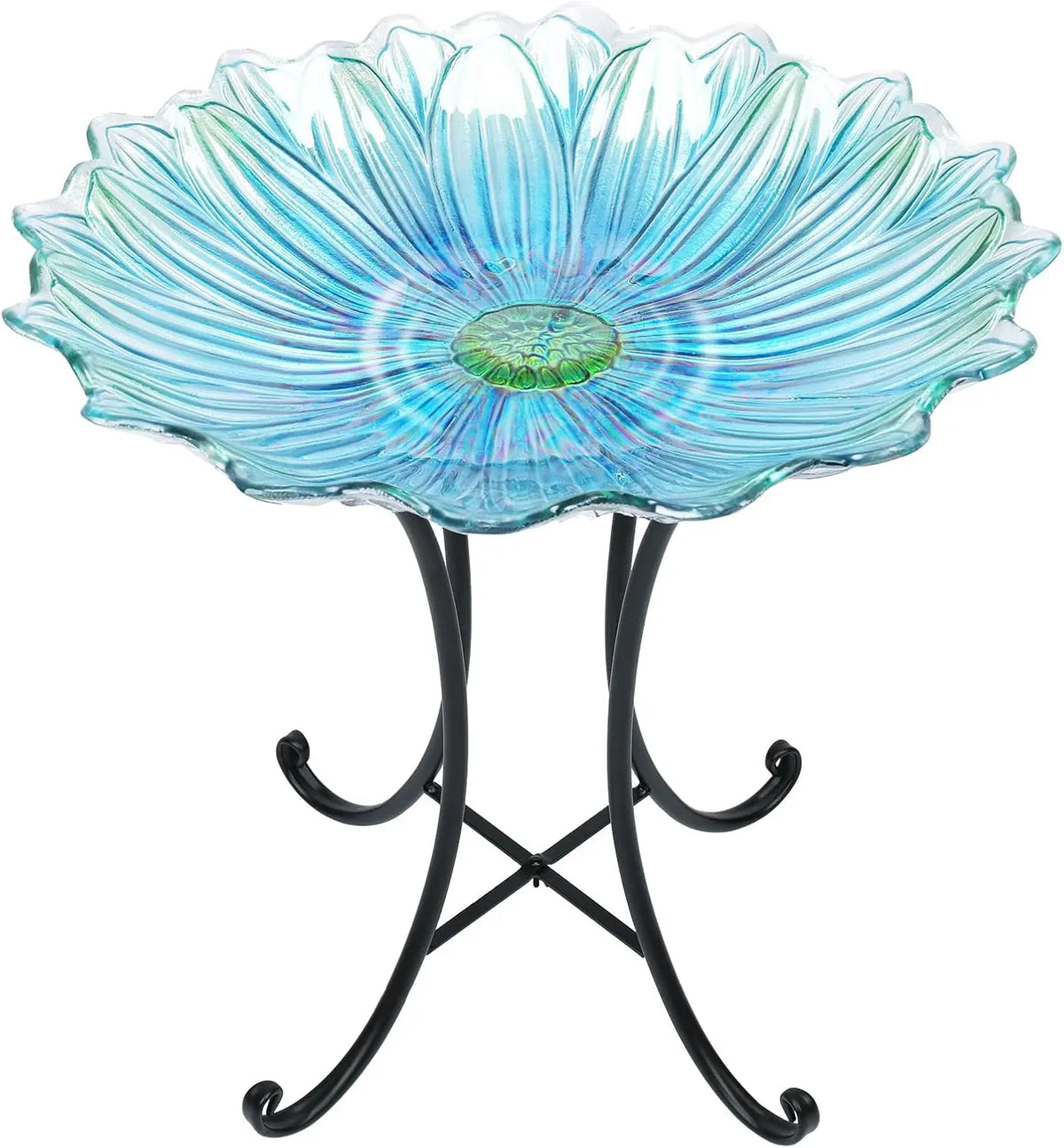 Outdoor Glass Birdbath with Metal Stand for Outside Yard Garden Decor, 18 inch Diameter Blue Bird