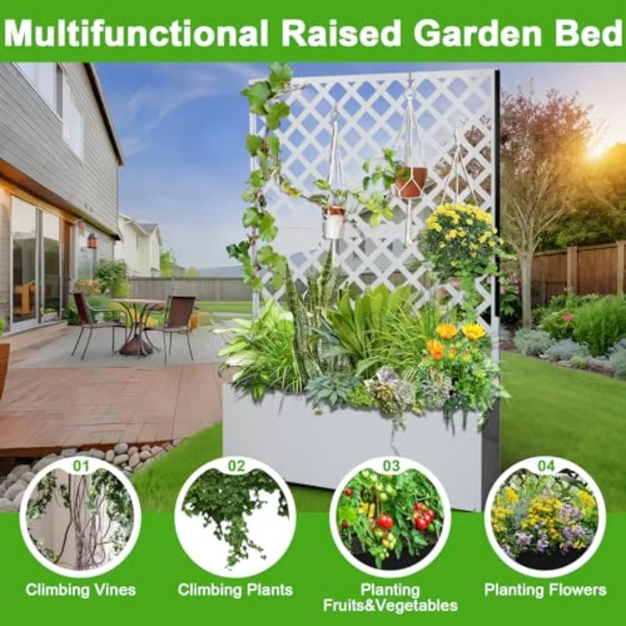 Metal Raised Garden Planter Box With Trellis And Wheels