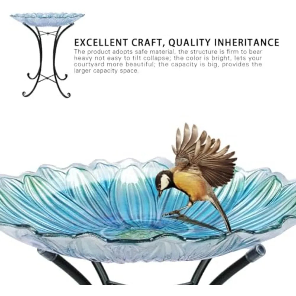 Outdoor Glass Birdbath with Metal Stand for Outside Yard Garden Decor, 18 inch Diameter Blue Bird