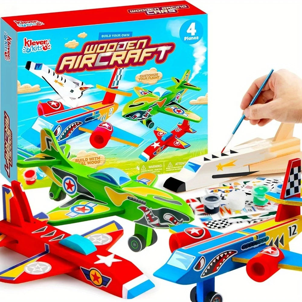 JOYFY 4Pcs DIY Wooden Aircrafts-Build & Paint Your Own Wooden Airplane Craft Kit Easy to Assemble  for Boys 6-12 Birthday Gifts
