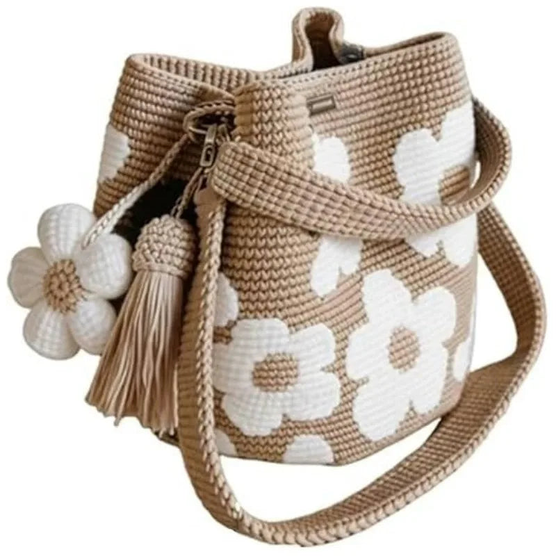 Handmade Crochet Flower Tote Bag Knit Floral Purse Crossbody Crochet Handbags for Women Boho Beach Crochet Purse Shoulder Bag