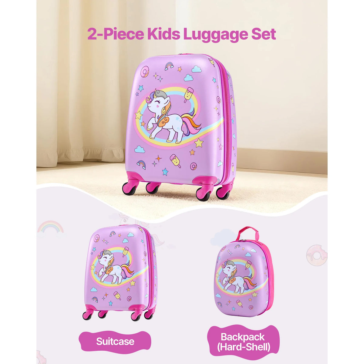 SucceBuy Kids Hardside Luggage Set With Backpack And Rolling Wheels
